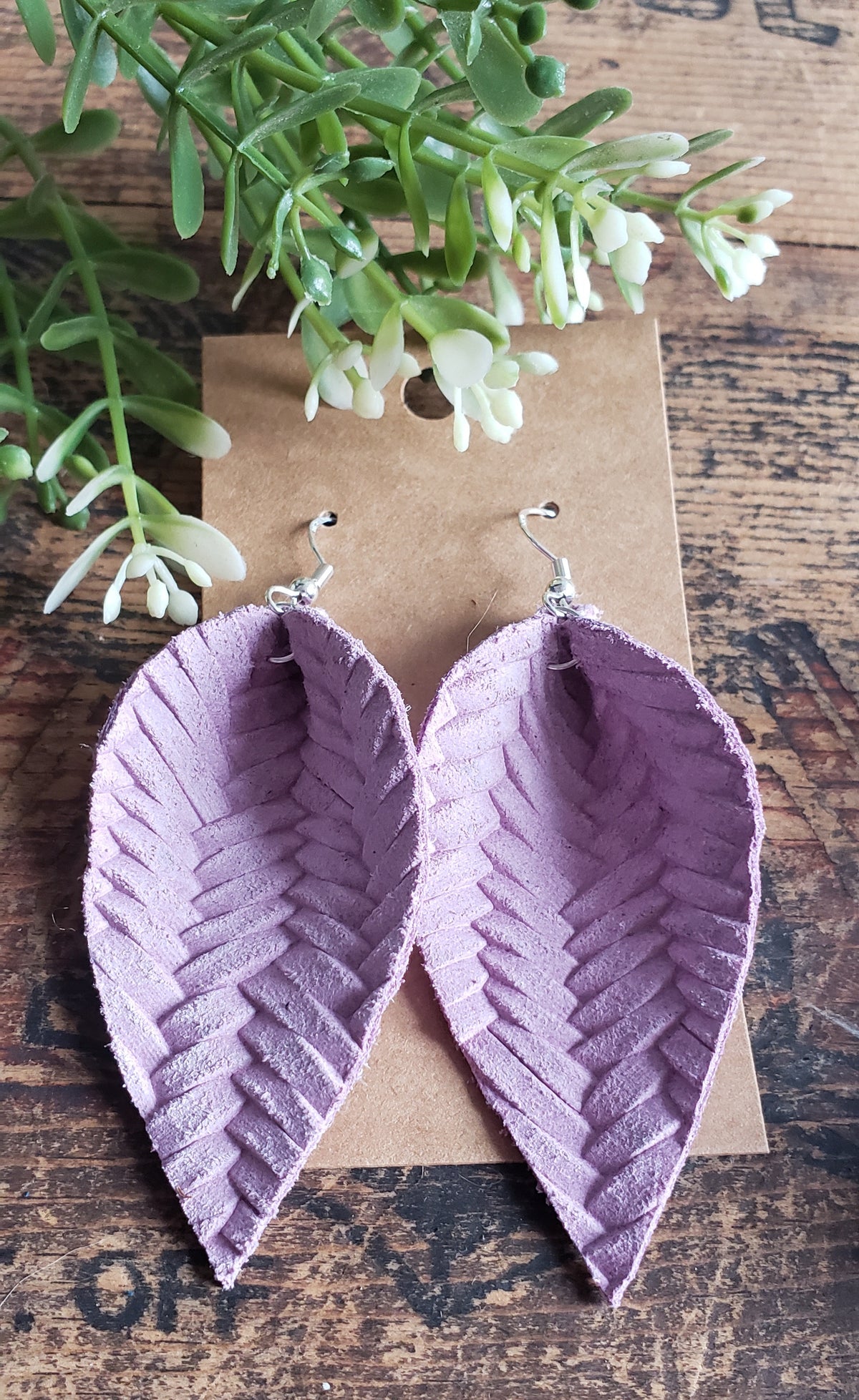Lilac basket weave leather with sterling silver hooks