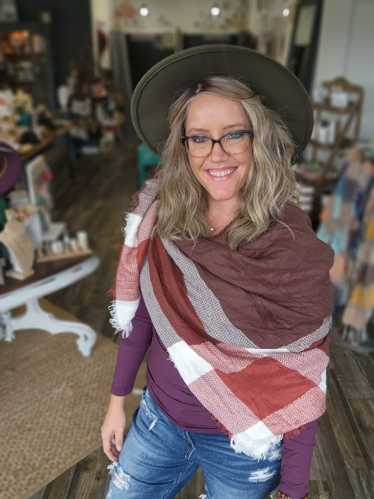 Rust fringed  blanket scarf