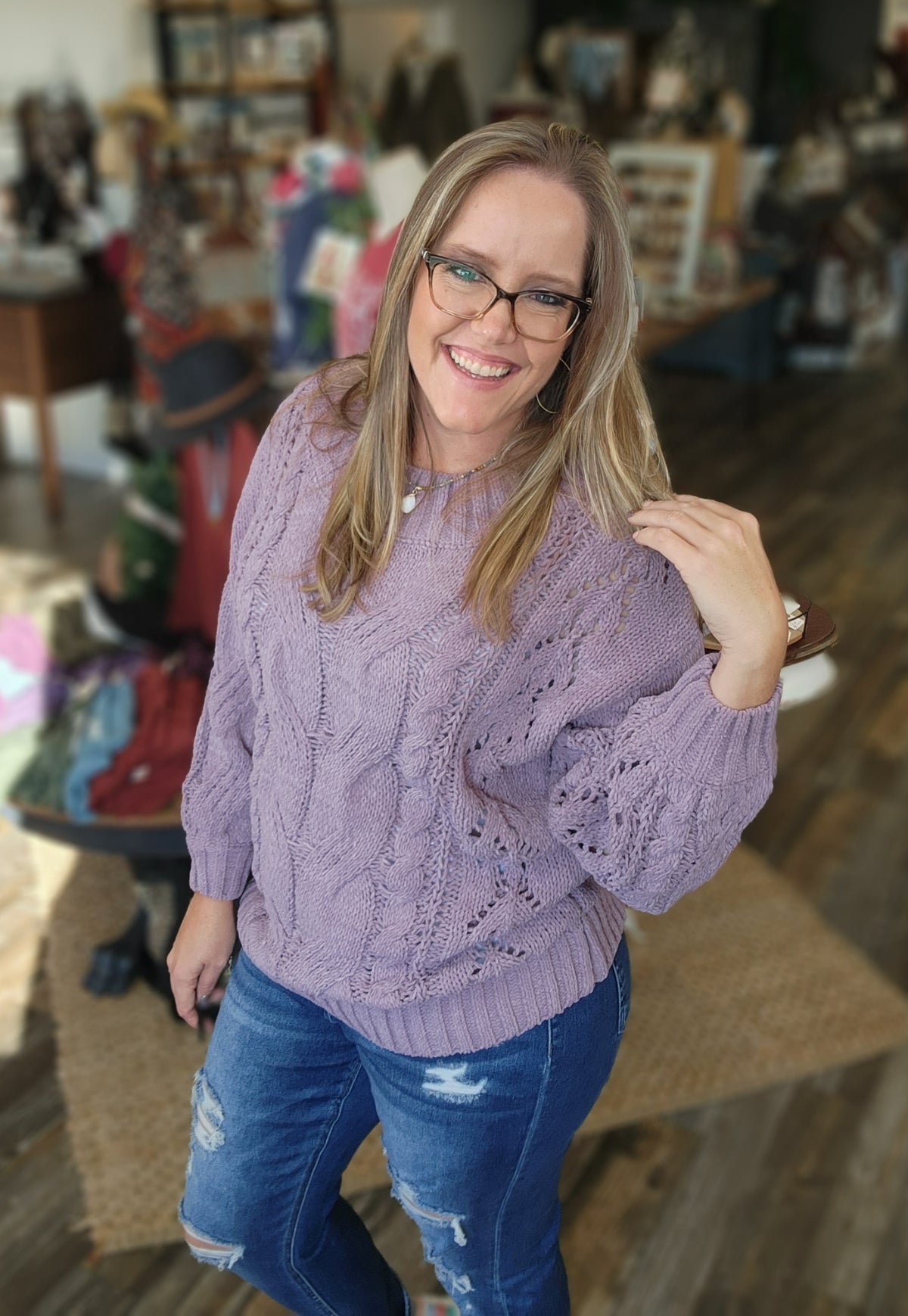 Monaca Cable Knit Off Shoulder Sweater in Lavender * on sale