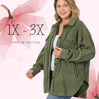 Curvy Cozy Shacket in Light Olive 1X-3X * on sale