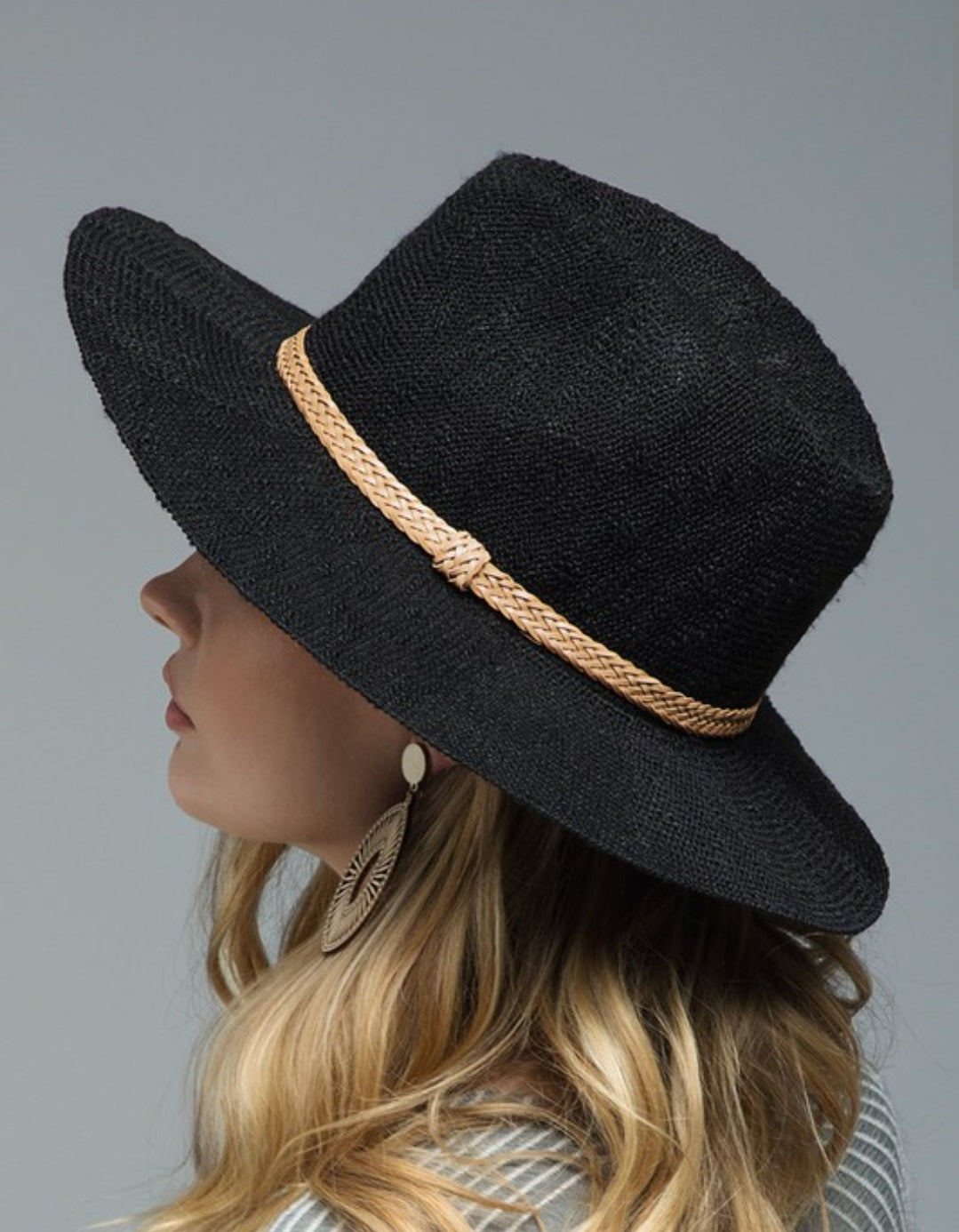 Black panama hat with braided leather band * on sale