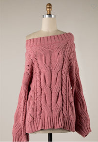 Monaca Cable Knit Off Shoulder Sweater in Mauve * on sale