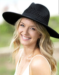 Black panama hat with black faux leather band * on sale