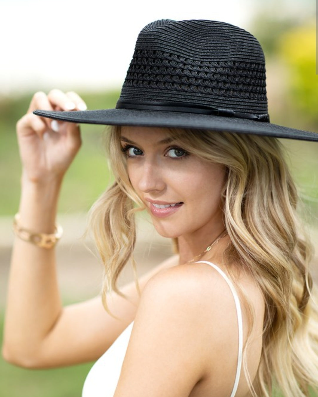 Black panama hat with black faux leather band * on sale