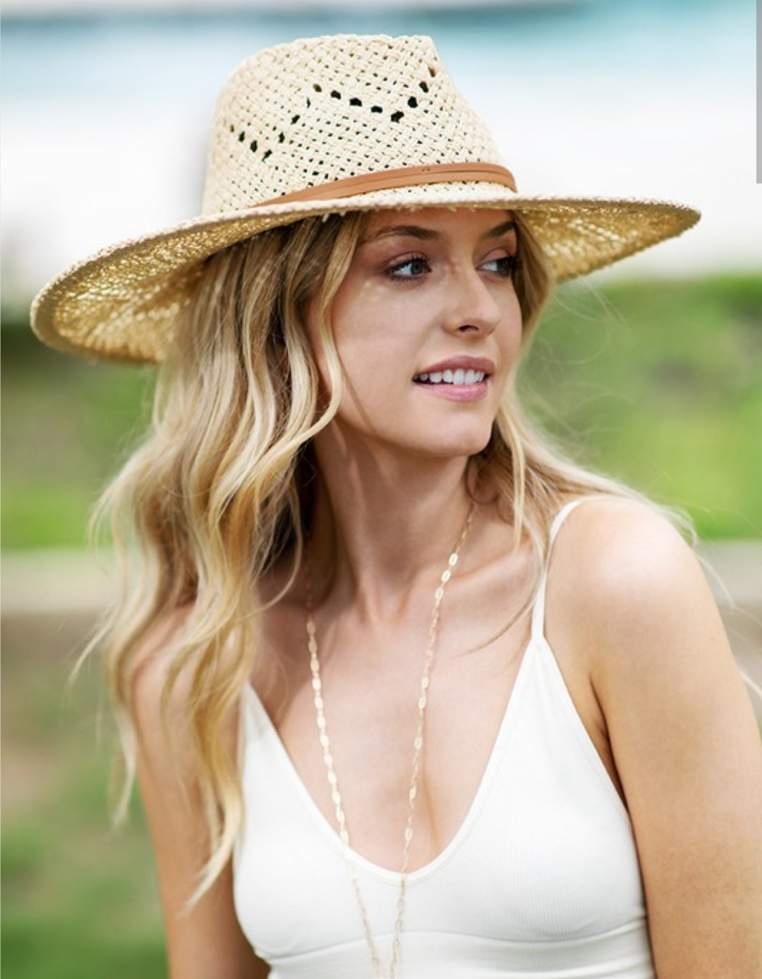 Cream panama hat with faux leather band