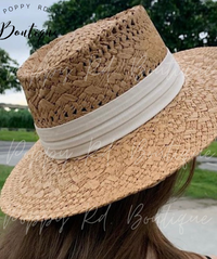 Tan straw Panama hat with cream contrast trim * on sale