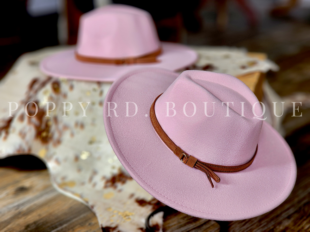 Pink felt panama hat with leather band